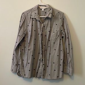 Black and white striped button down with black cat print. Size XL. Old Navy.